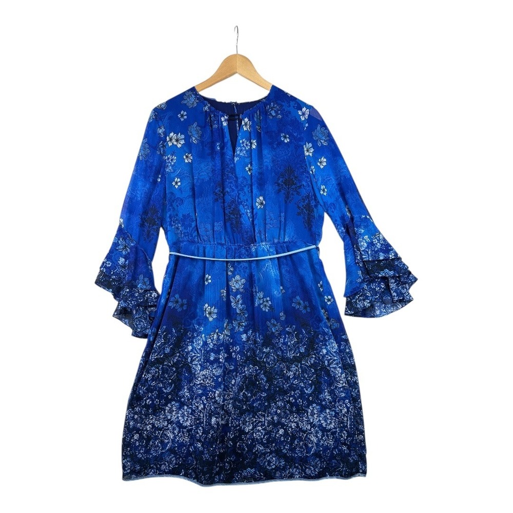 T Tahari Amber Bell Sleeve Floral Print Dress size Large Blue